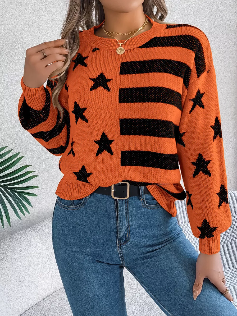 Stars and Stripes Pattern Casual Round Neck Sweater, image 12