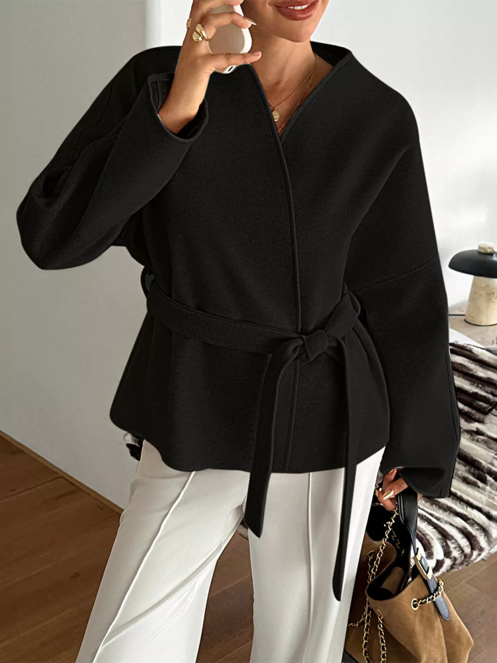 Surplice Dropped Shoulder Tie Belt Outerwear, image 11