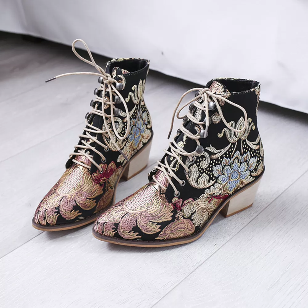 Embroidered Floral Lace-Up Ankle Boots, image 3