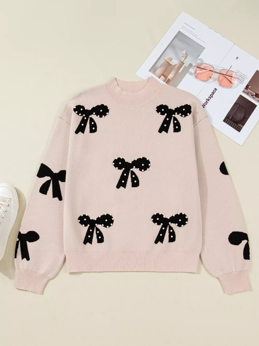 Pearl Embellished Bow Pattern Loose Sweater, image 4