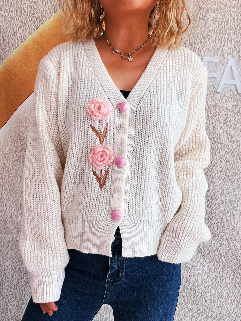 Flower V-Neck Button Up Cardigan, image 3
