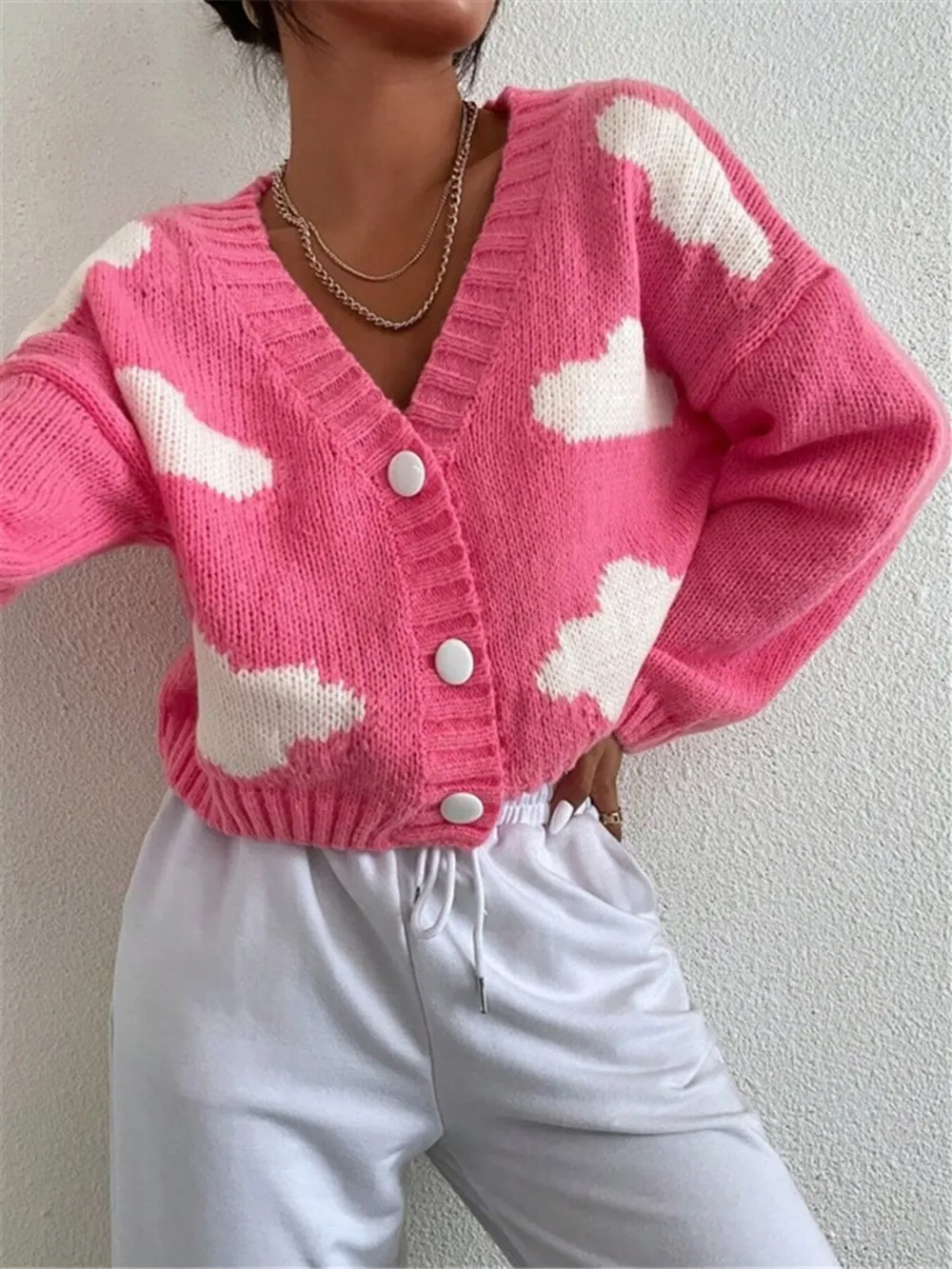 Contrast Cloud Pattern Cropped Button-Up Cardigan, image 4
