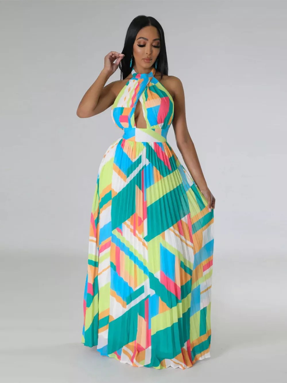 Halter Neck Geometric Print Pleated Maxi Dress, image 11