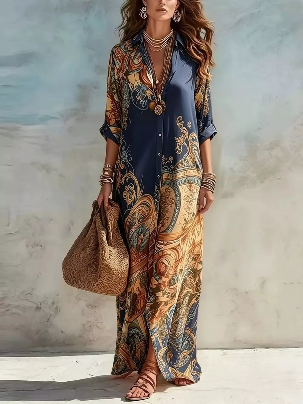 Full Size Printed Button Down Roll-Up Sleeve Shirt Maxi Dress Plus Size, image 5