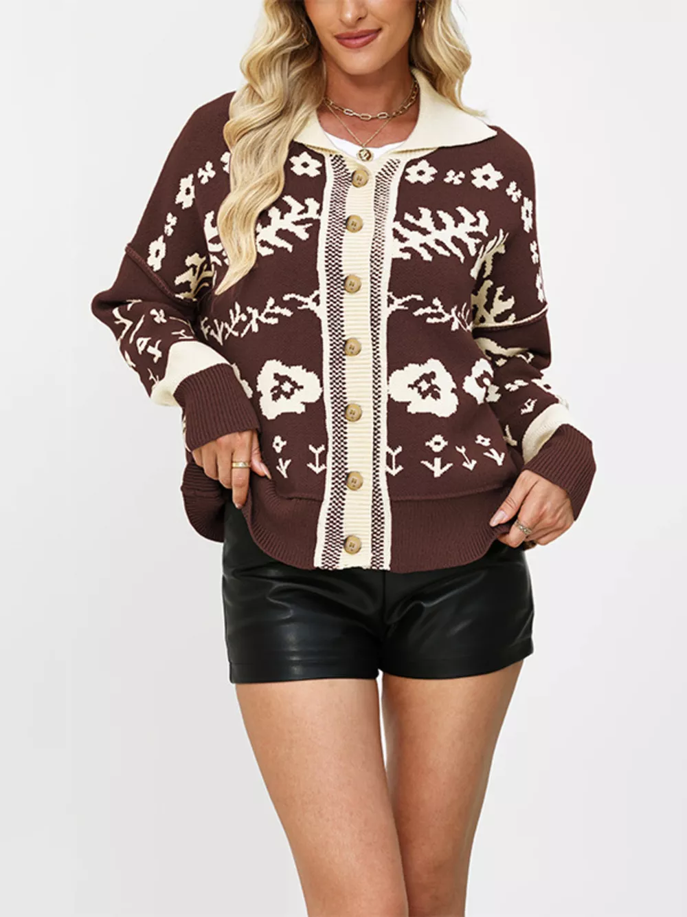 Floral Pattern Knit Cardigan with Contrast Collar, image 8