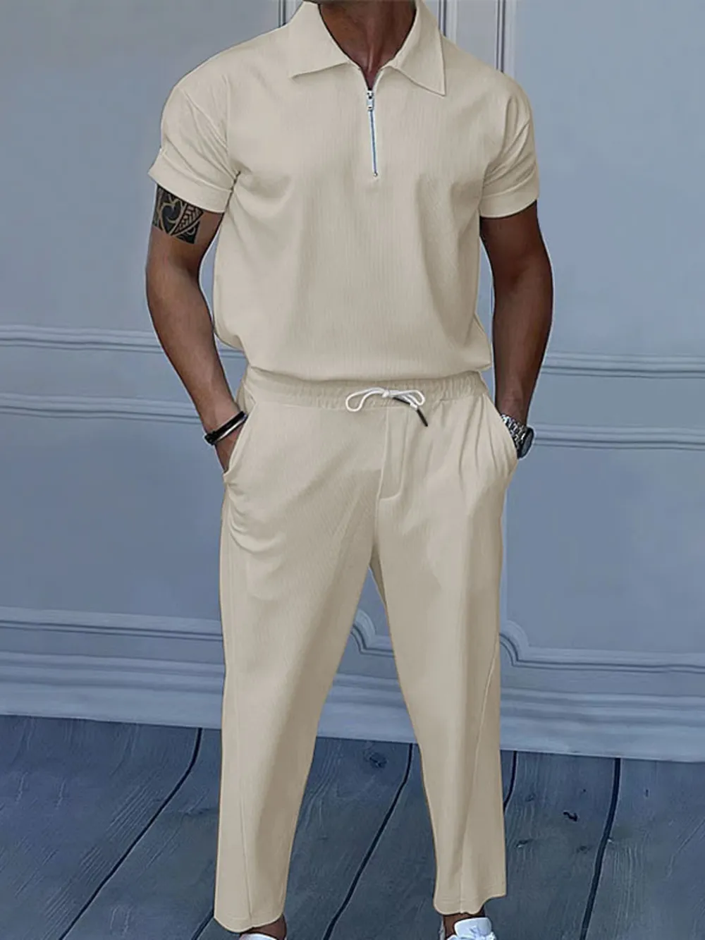 Men's Full Size Quarter Zip Short Sleeve Polo and Pants Set Plus Size