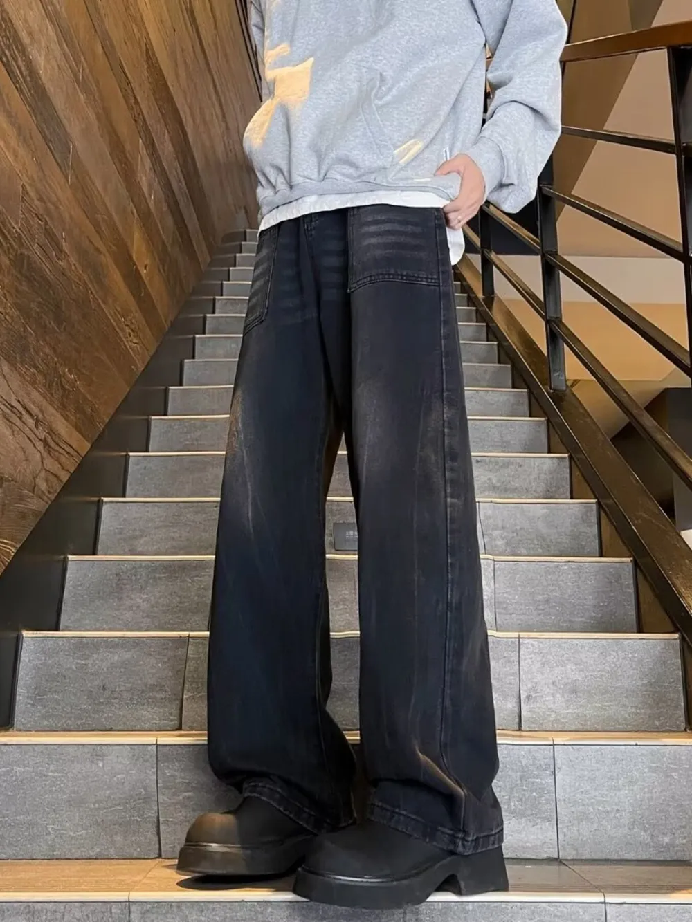 Men's Plus Size Washed Wide Leg Jeans, image 2