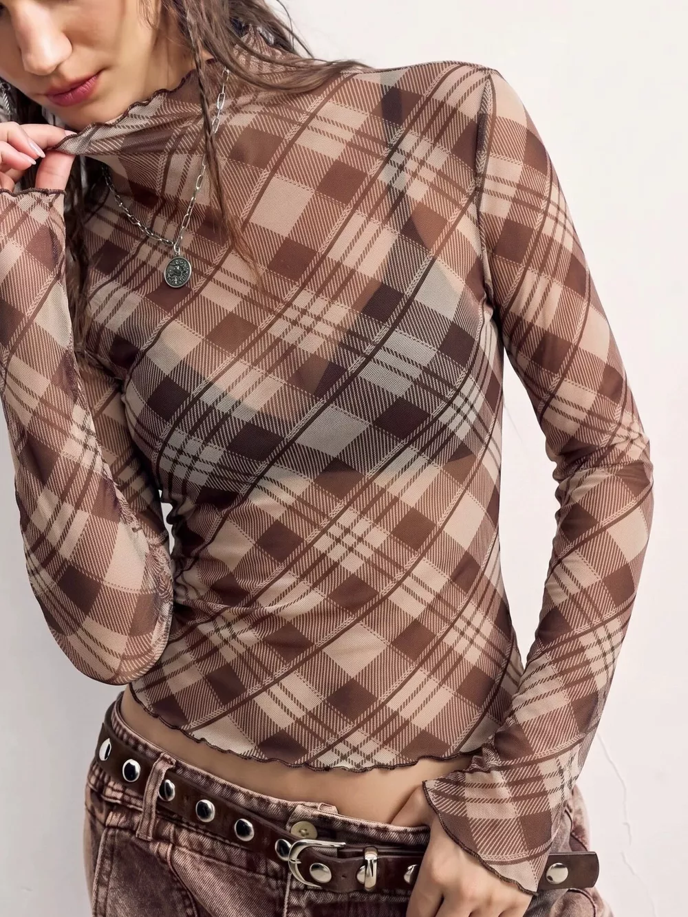 Sheer Mesh Plaid Mock Neck Long Sleeve T-Shirt