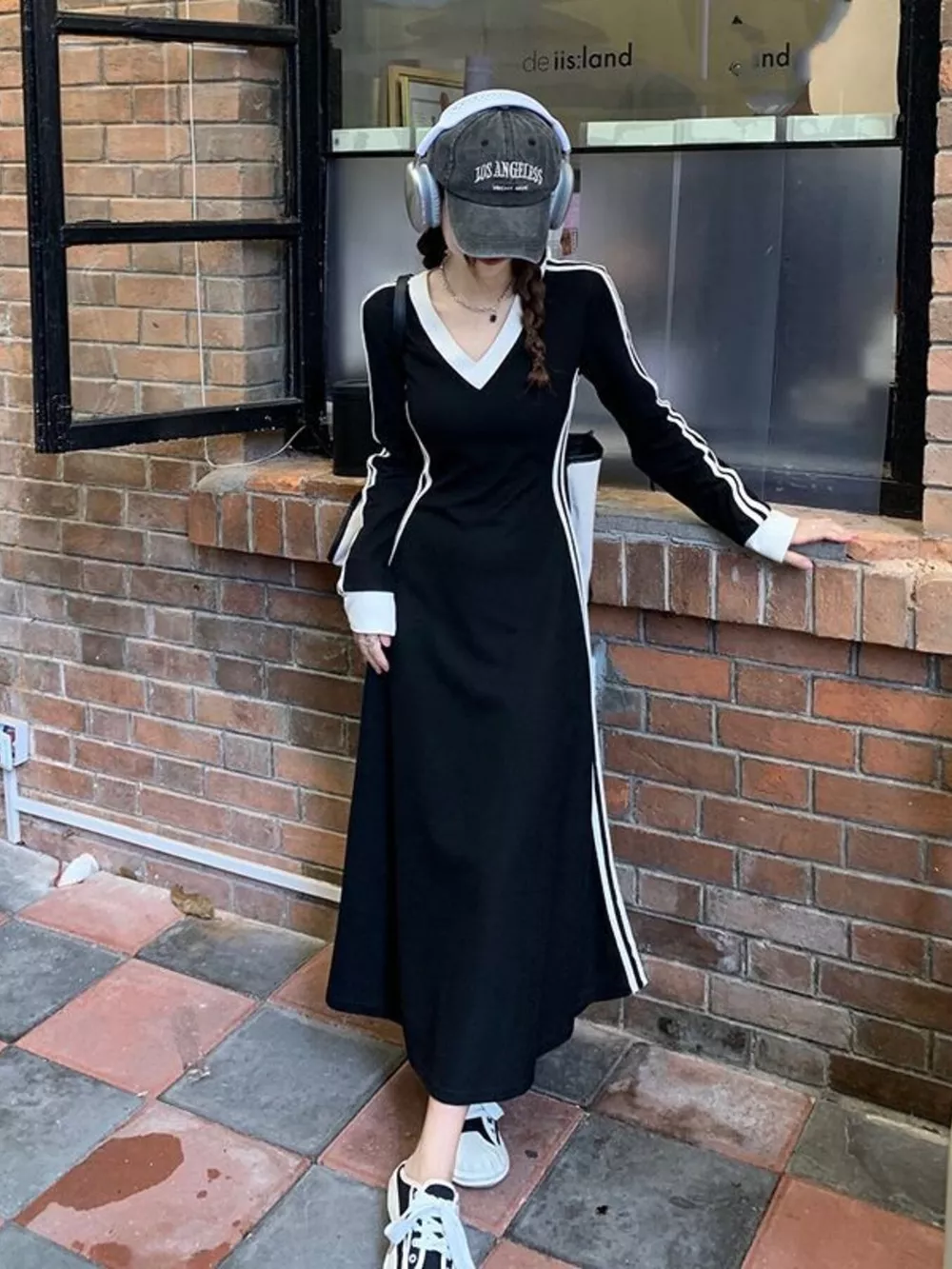 Plus Size V-Neck Long Sleeve Bodycon Midi Dress with Side Stripes, image 2