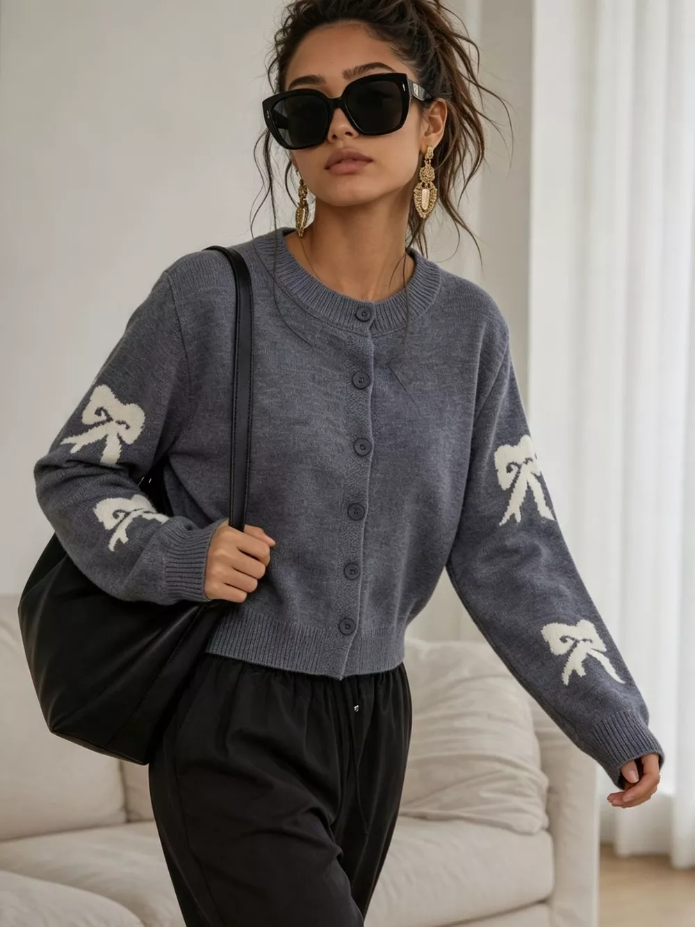 Floral Crew Neck Cropped Knit Cardigan, image 16