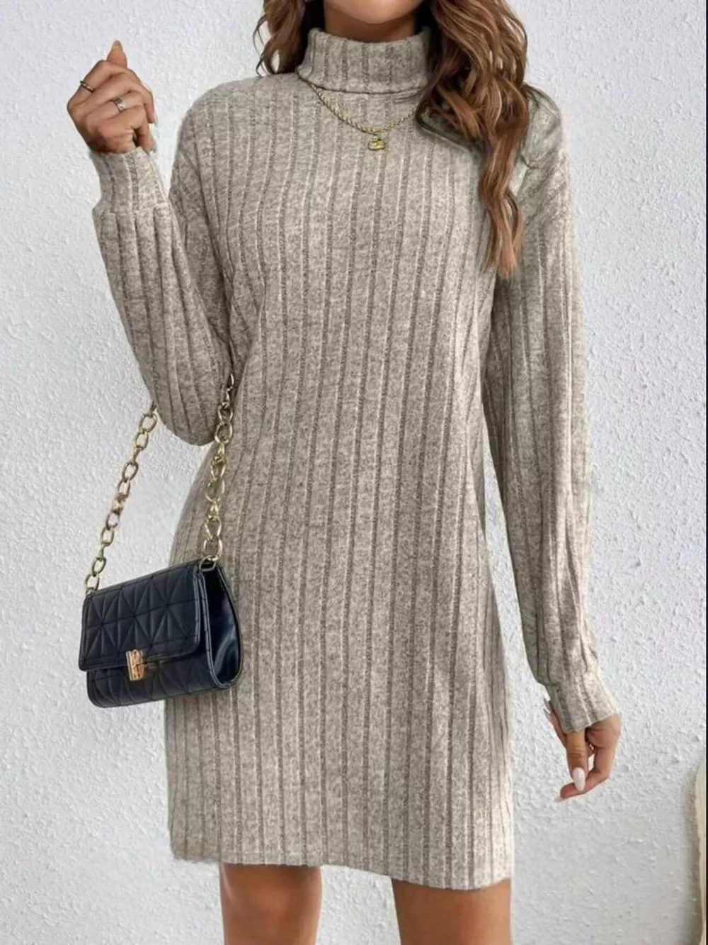 Casual Ribbed Turtleneck Long Sleeve Mini Dress
