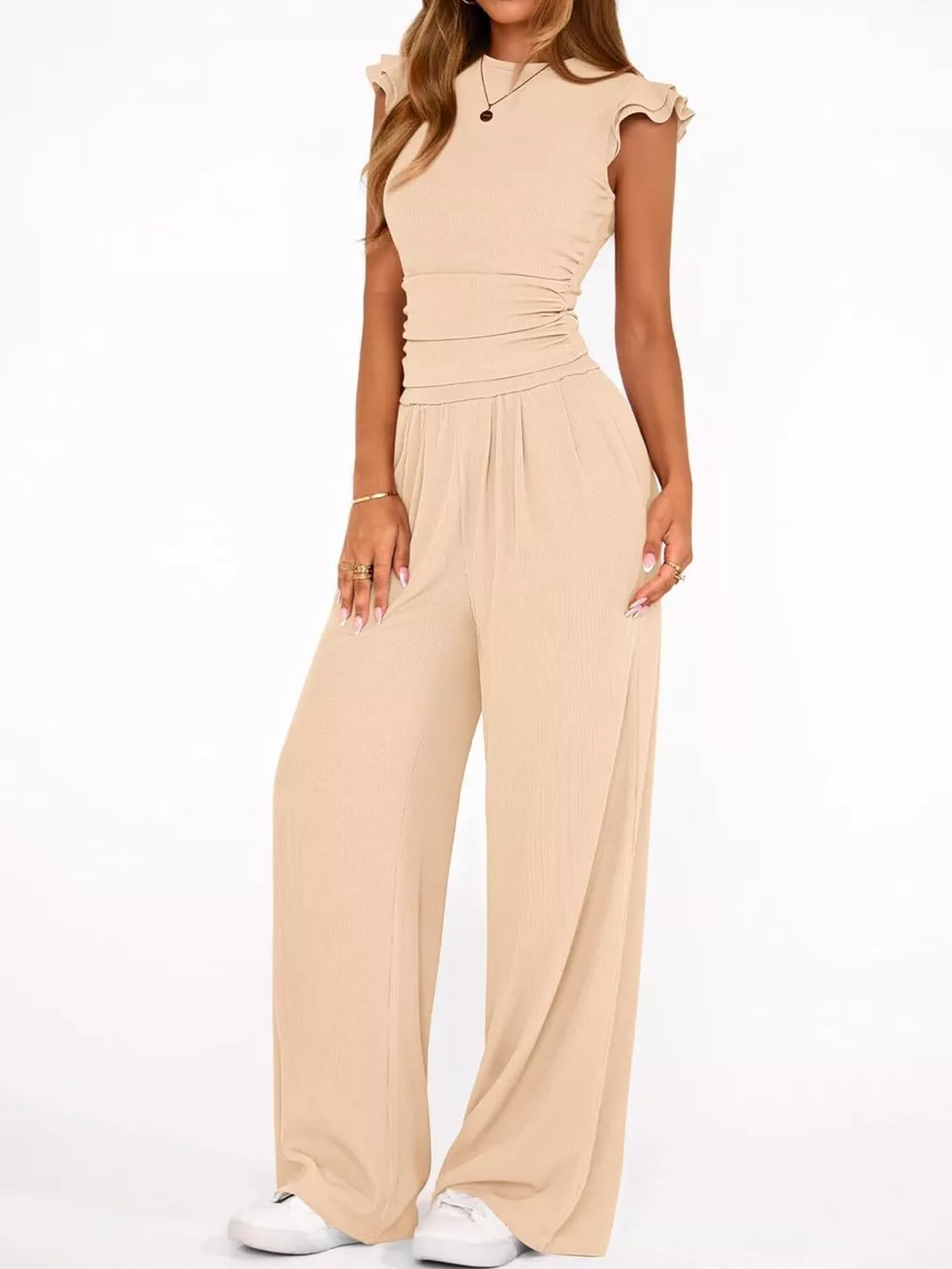 Ruffled Mock Neck Top and Wide Leg Pants Set, image 9