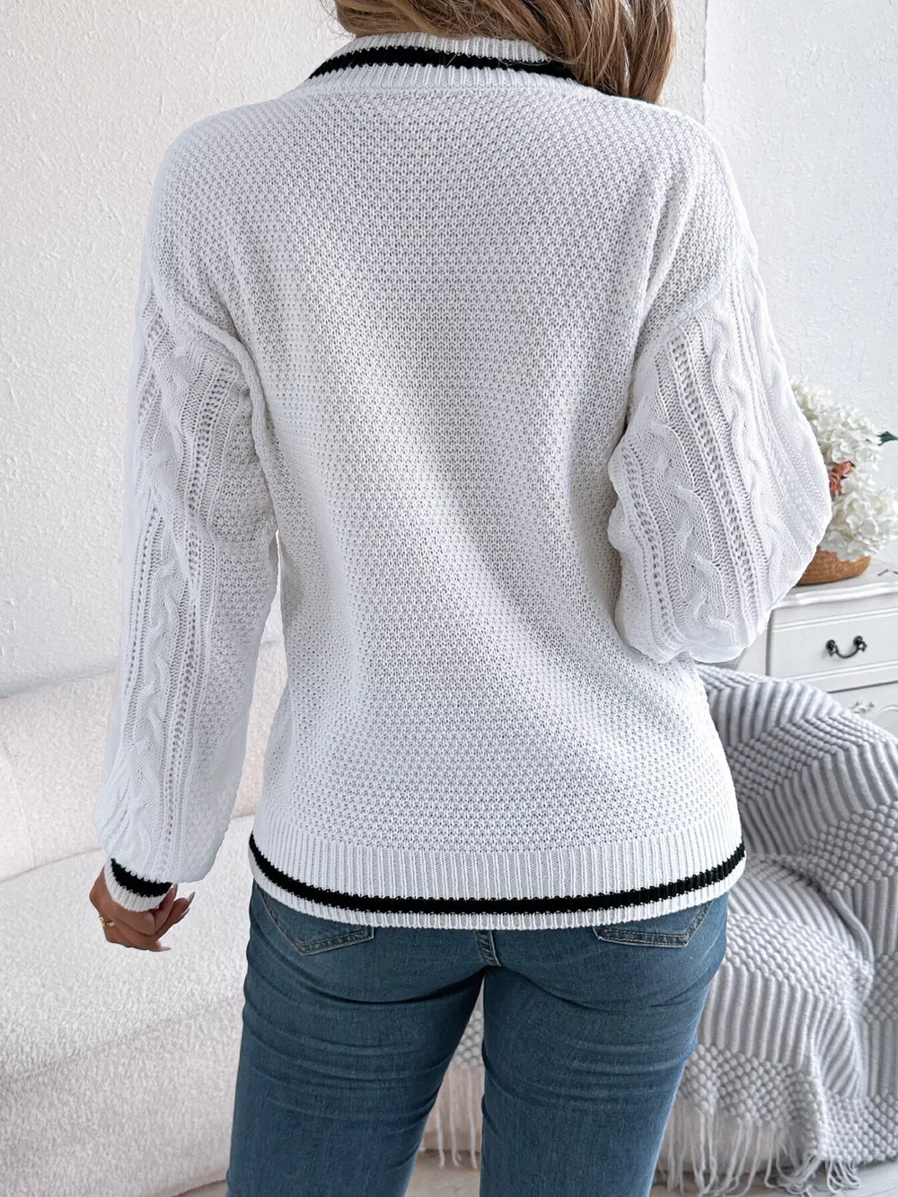 Cable Knit V-Neck Long Sleeve Sweater, image 7