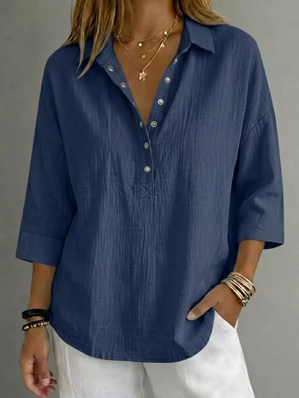 Full Size Snap Down 3/4 Sleeves Blouse Plus Size, image 10