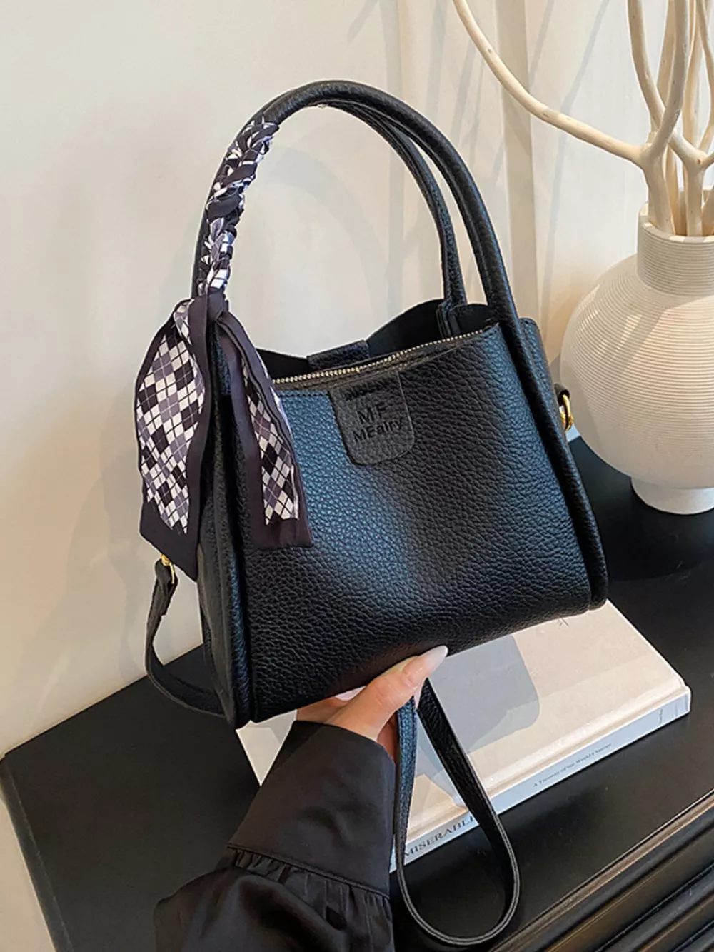 Leather Crossbody Bag with Scarf Accent, image 6