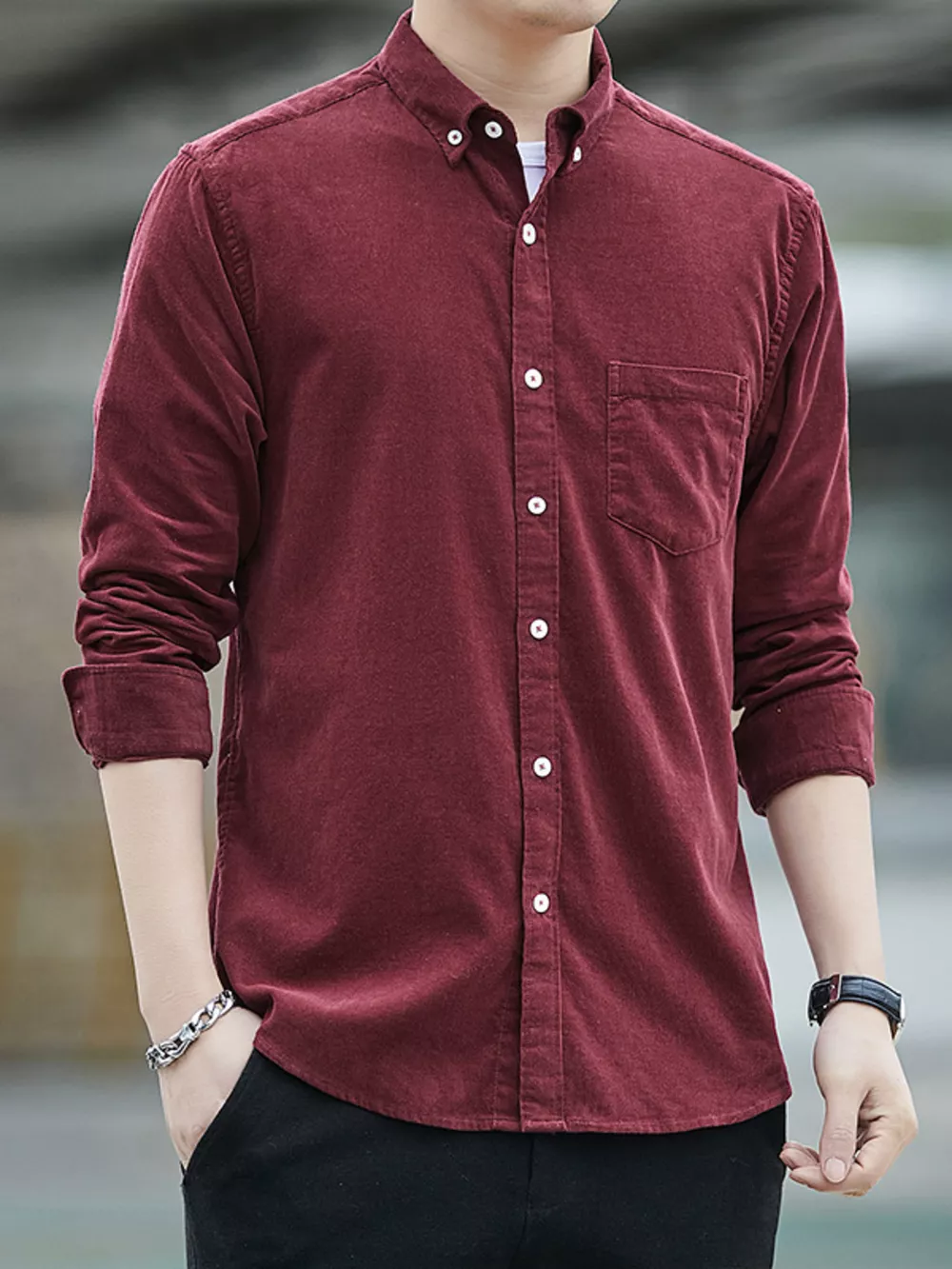 Men's Full Size Casual Corduroy Long Sleeve Shirt Plus Size, image 2