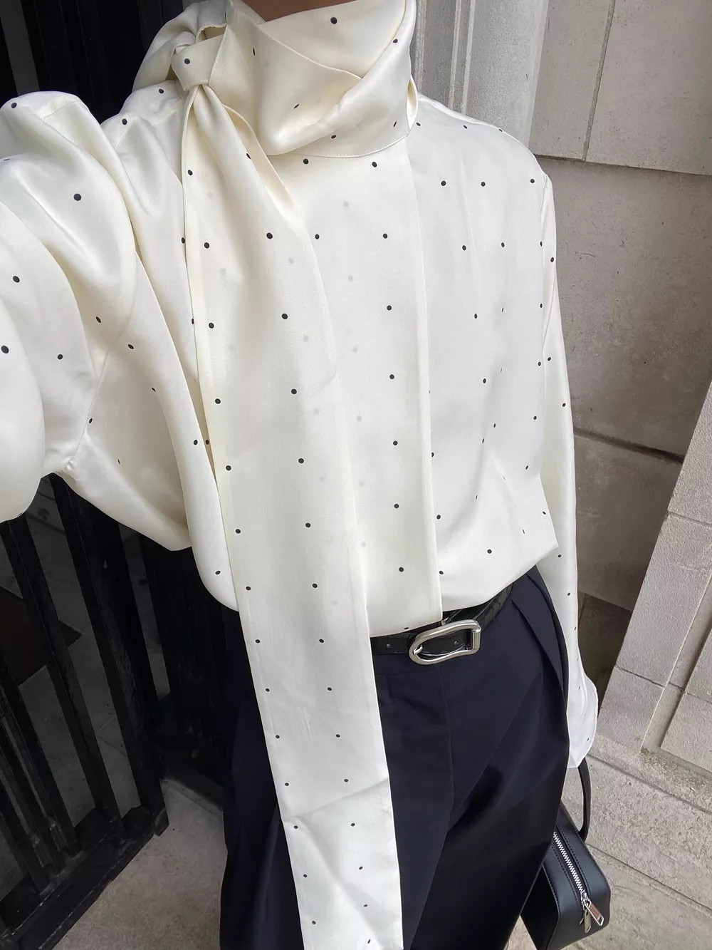 Polka Dot Silk Blouse with Scarf Neck Tie, image 2