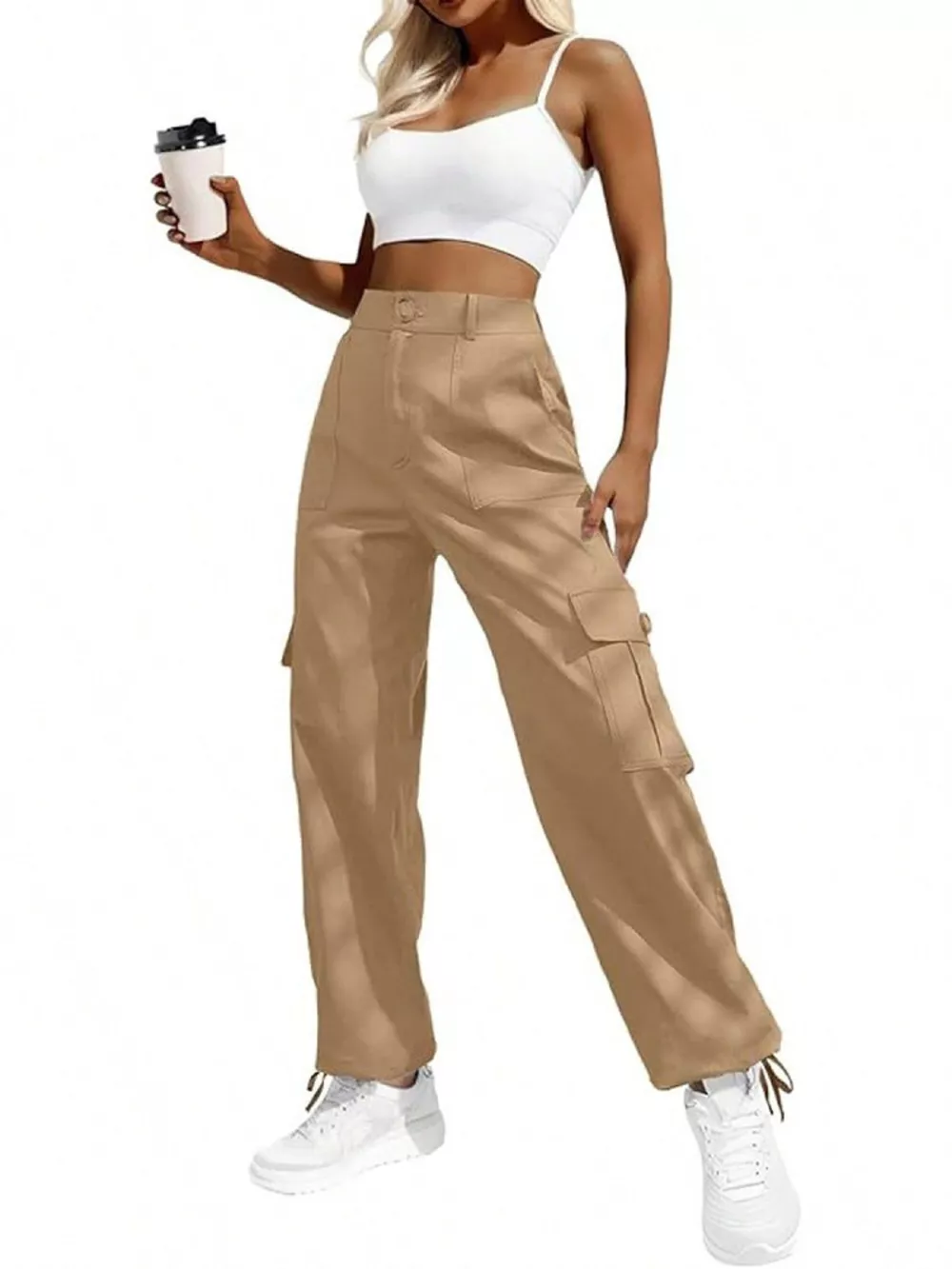 High-Waisted Cargo Pants with Drawstring Cuffs, image 9