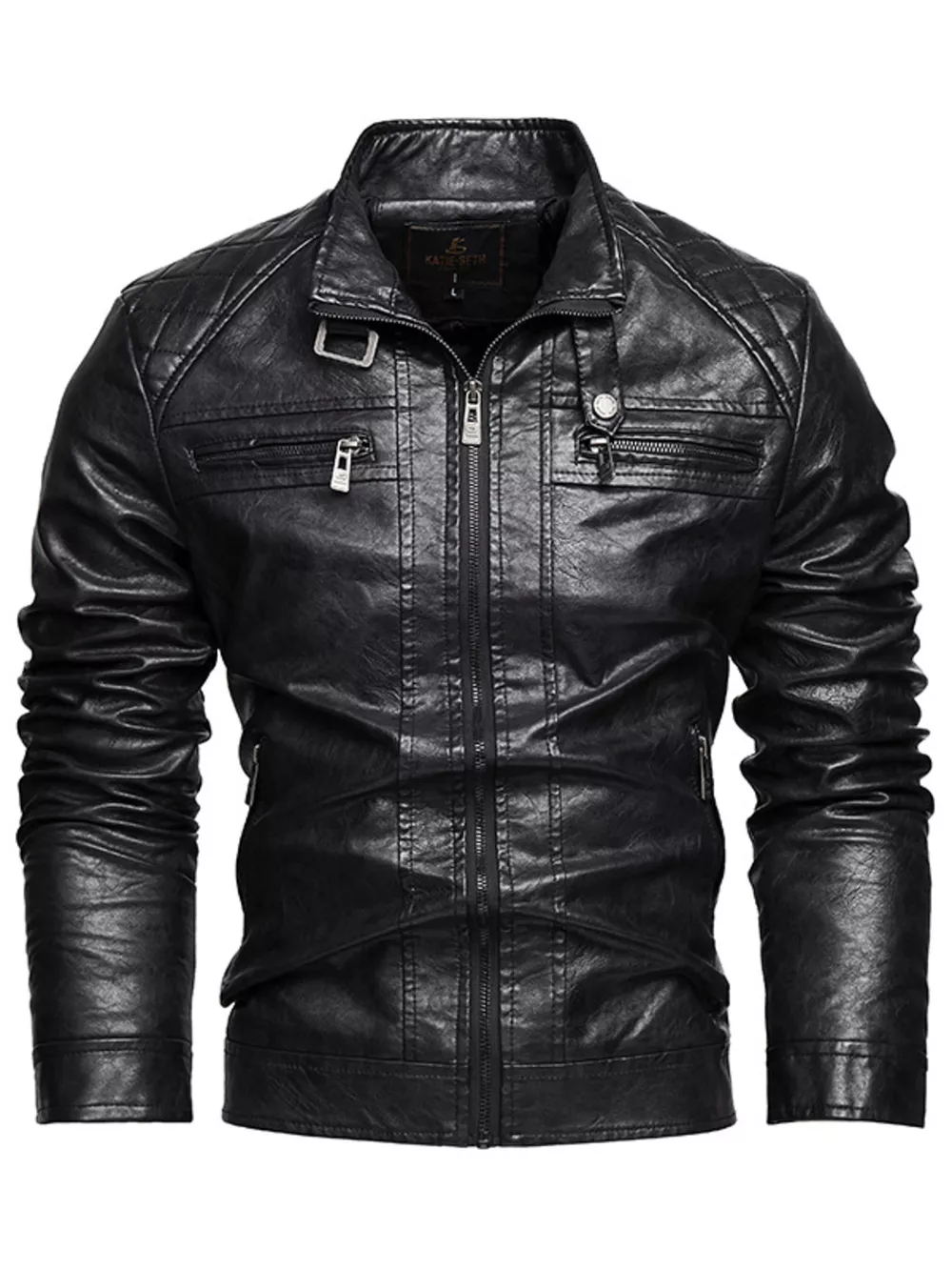 Men's Zip Up Faux Leather Moto Jacket, image 4