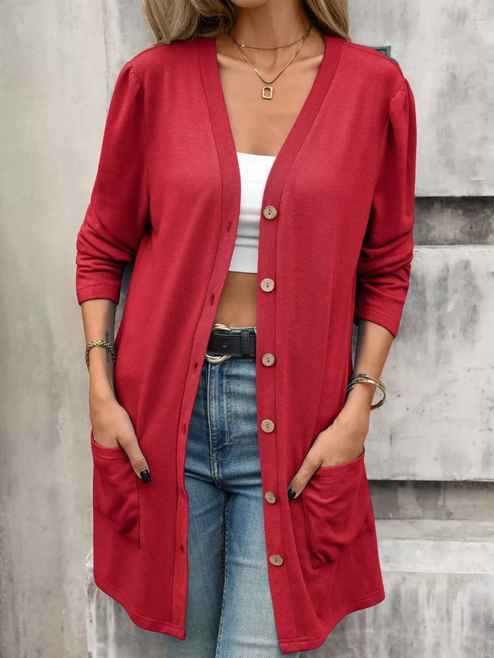 V-Neck Button-Up Long Sleeve Cardigan with Pockets, image 11