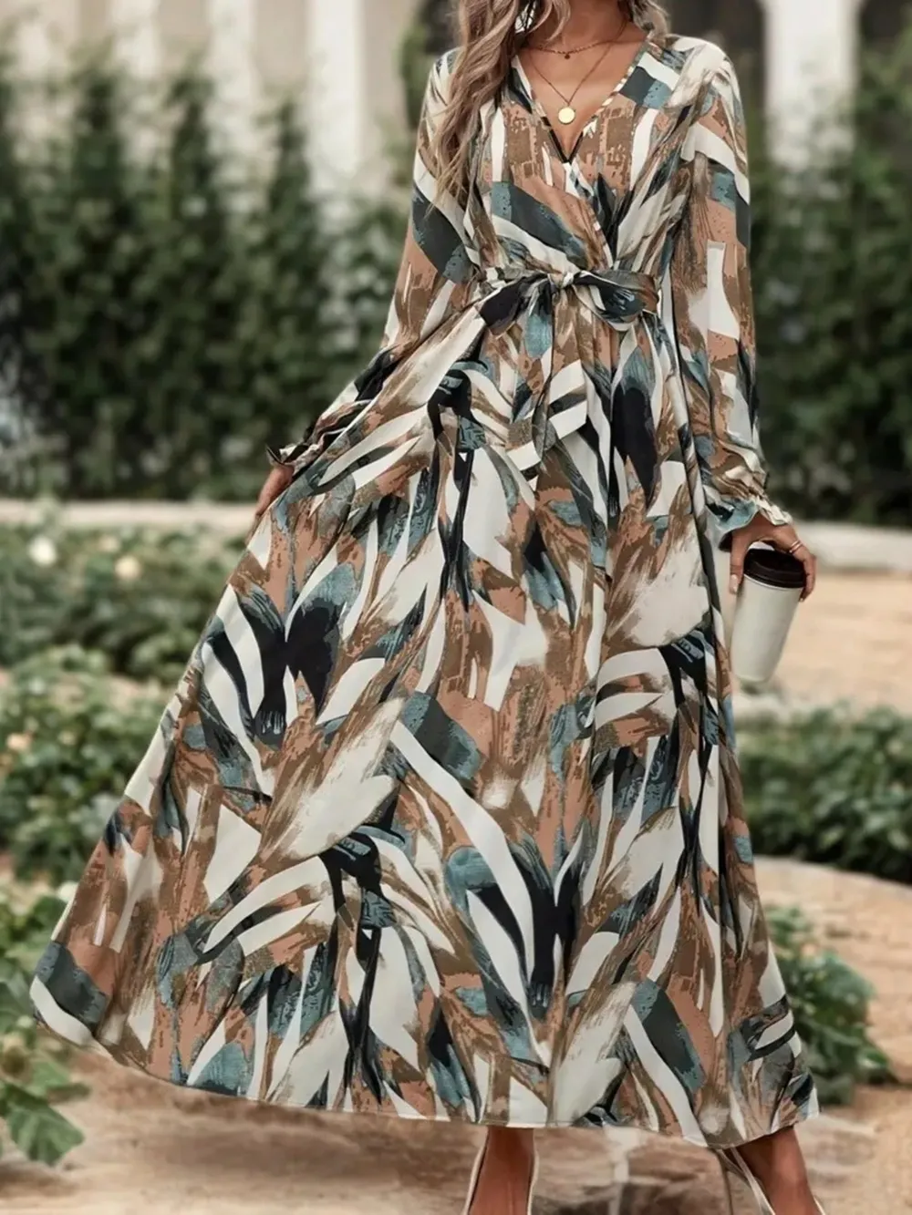 Printed Surplice Flounce Sleeve Maxi Dress, image 5