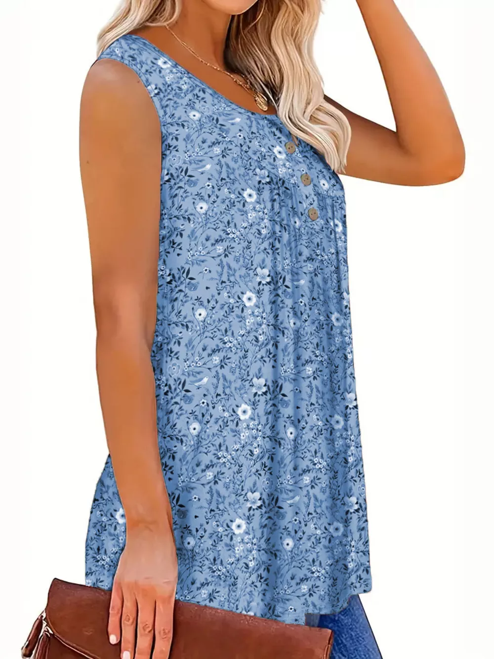 Full Size Floral Print Button Detail Tank Plus Size, image 13