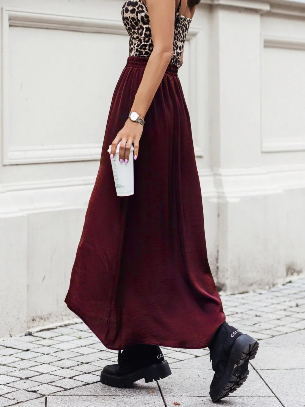 Elastic Waistband High-Slit Maxi Skirt, image 4