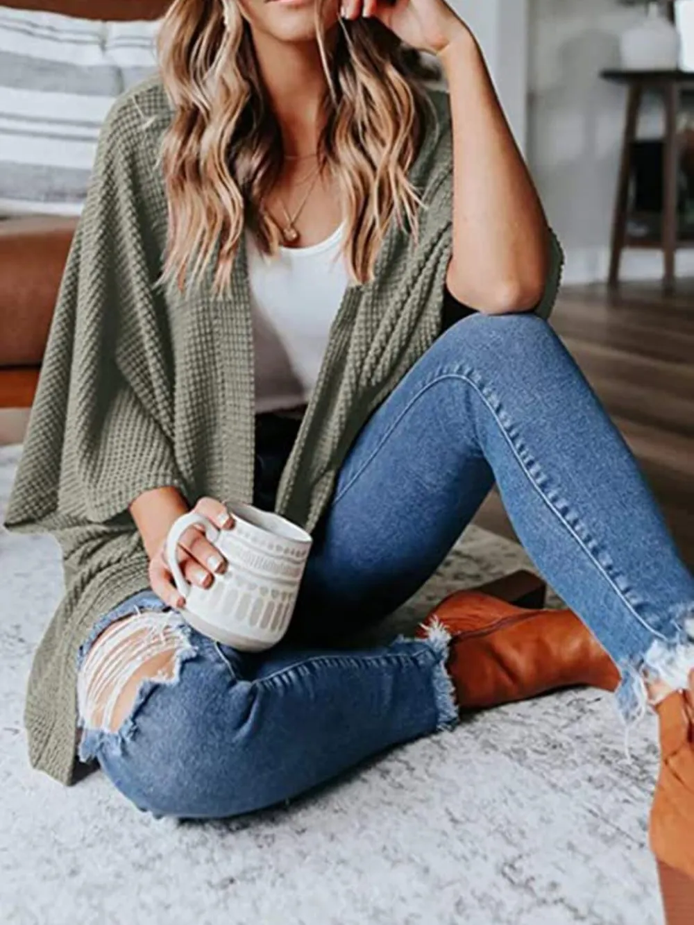 Full Size Open Front Waffle Knit Cardigan Plus Size, image 11