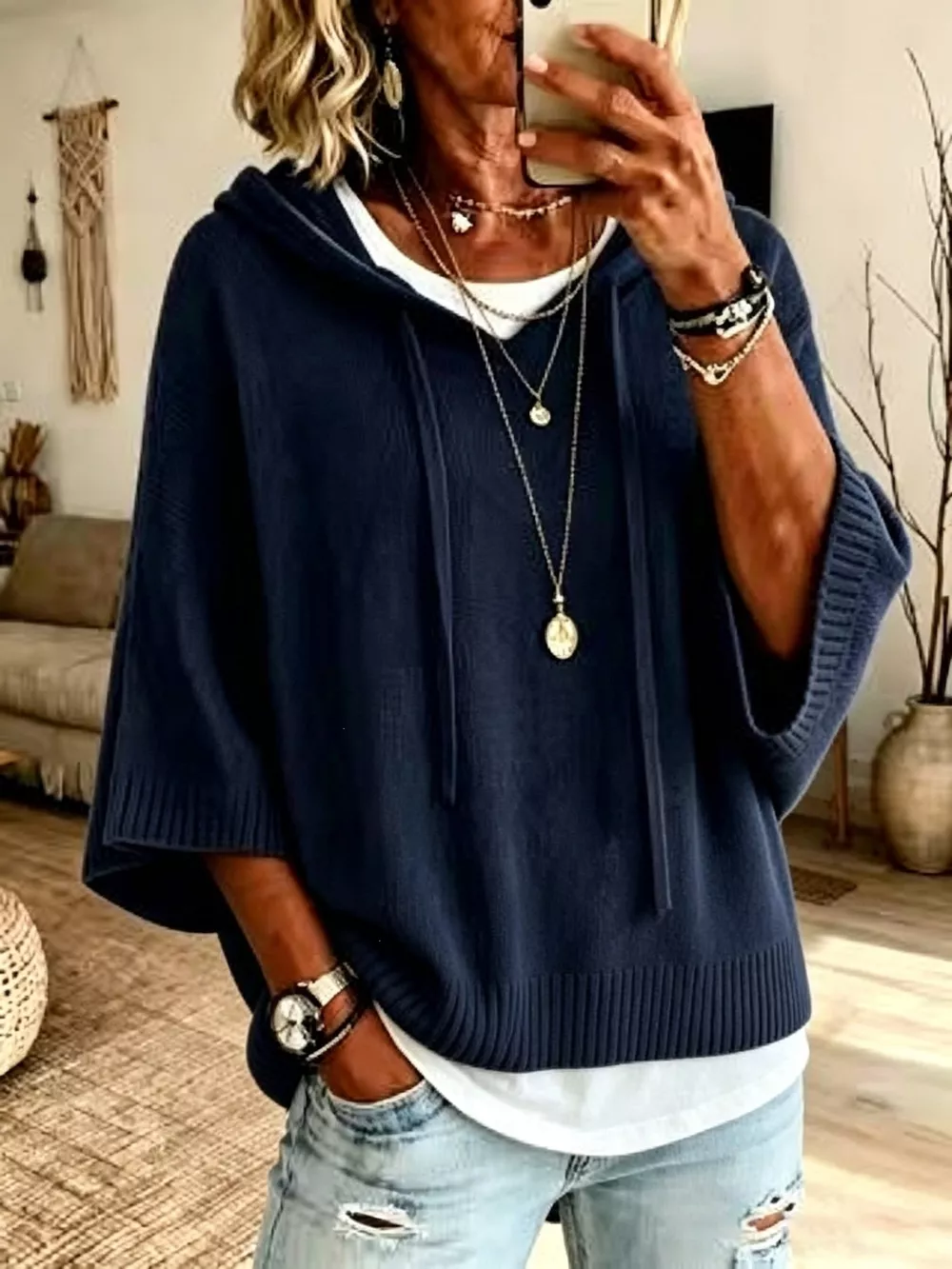 Full Size Casual Hooded Batwing Sleeve Knit Sweater Plus Size, image 10