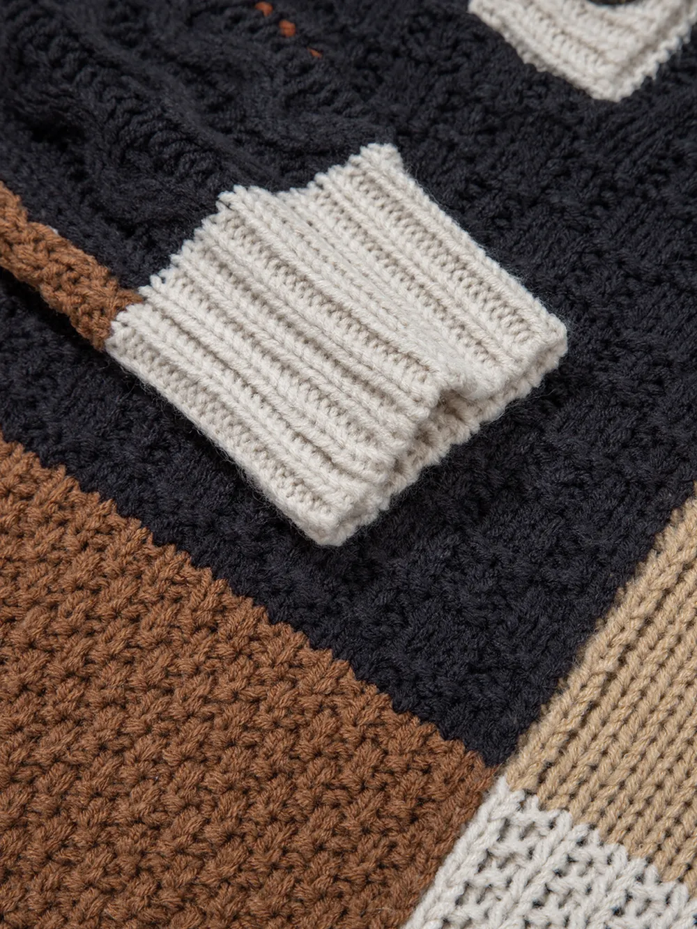Multicolour Color Block Cable Knit Sleeve Buttons Collared Sweater, image 5