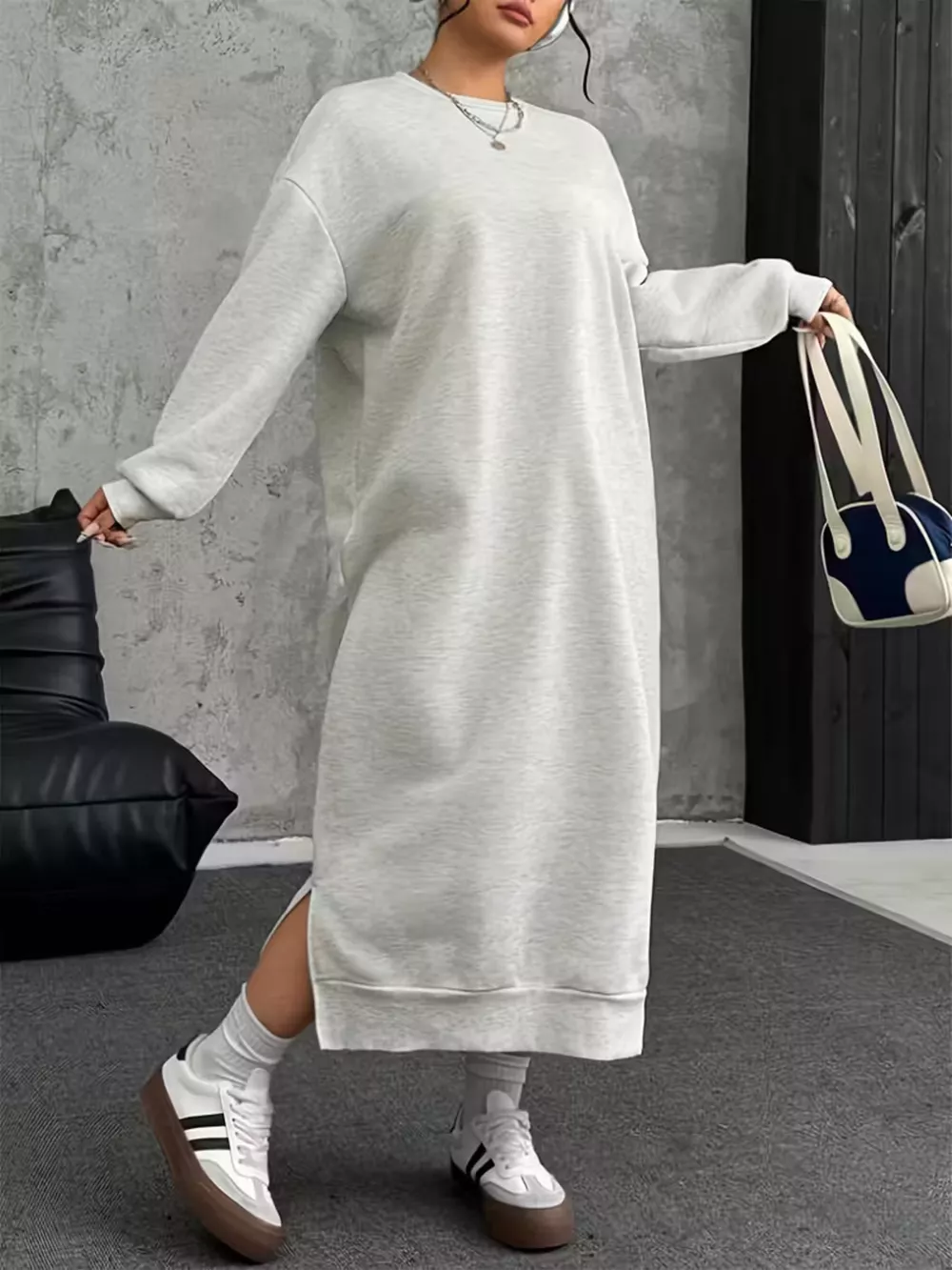 Plus Size Casual Slit Long Sleeve Sweatshirt Dress