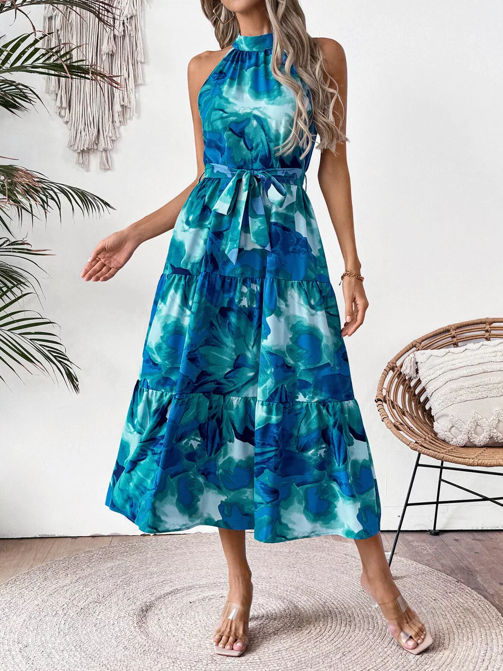 Floral Tie-Waist Tiered Midi Dress, image 3