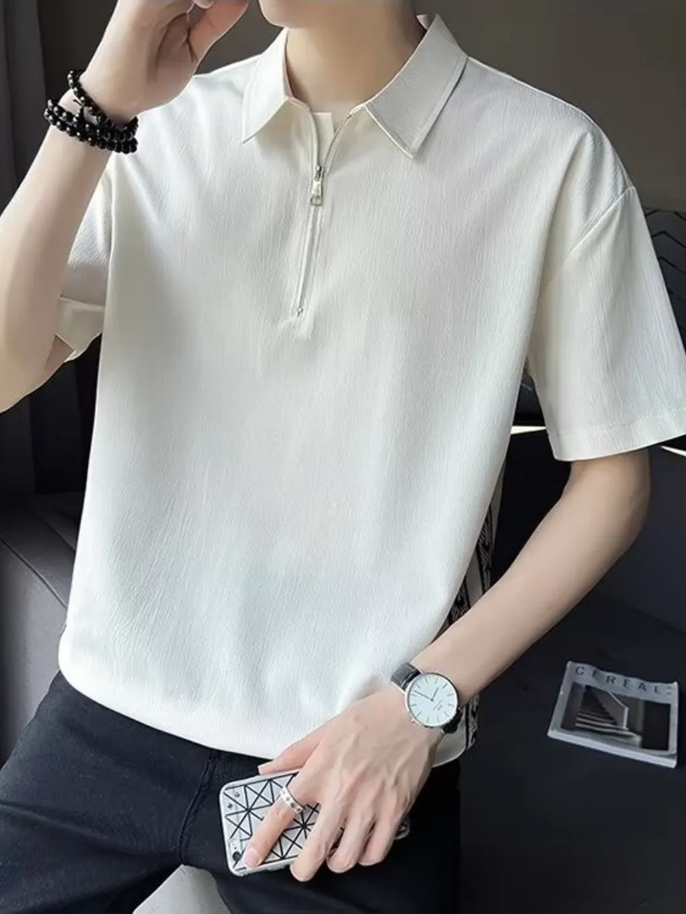 Men's Plus Size Quarter Zip Short Sleeve Polo, image 2