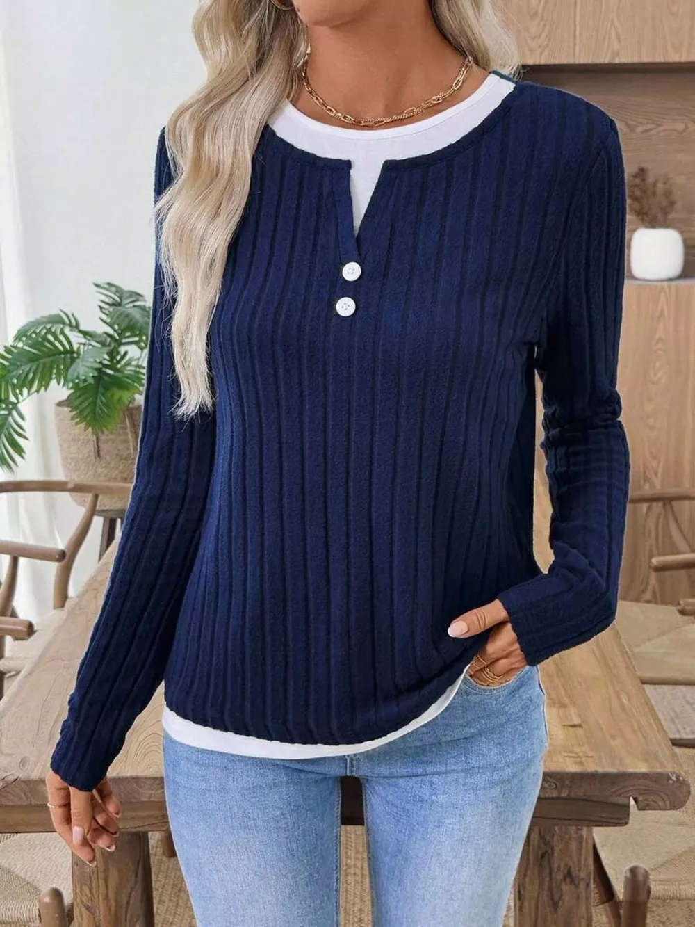 Ribbed Knit Button Detail Contrast Sweater, image 11