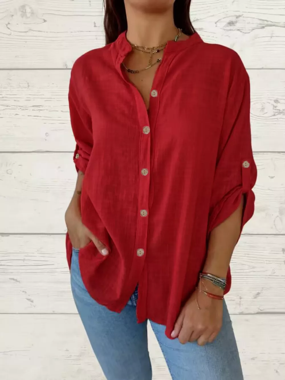 Full Size Casual Button-Down Roll-Up Sleeve Shirt Plus Size, image 2