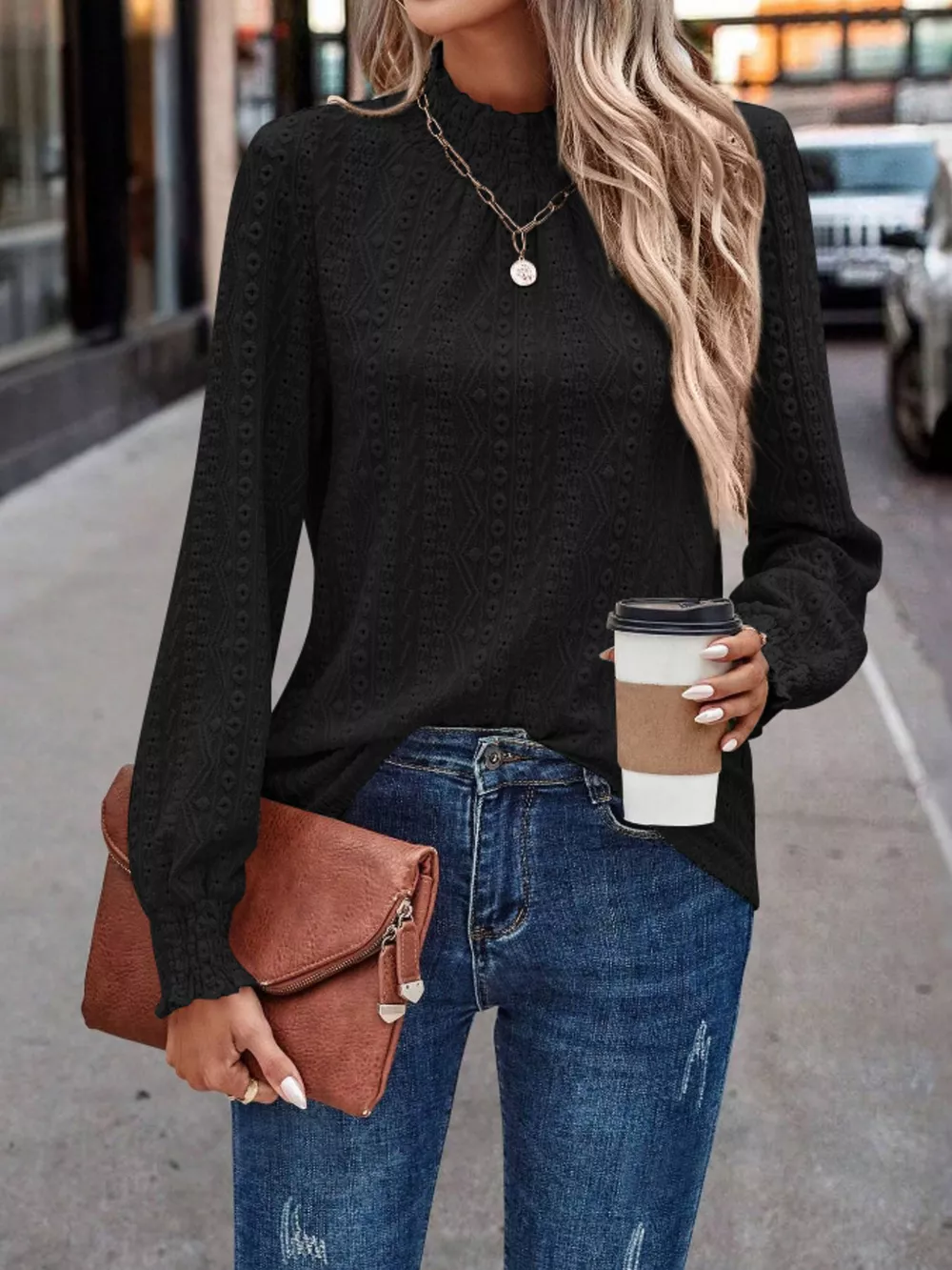 Texture Mock Neck Long Sleeve Blouse, image 5