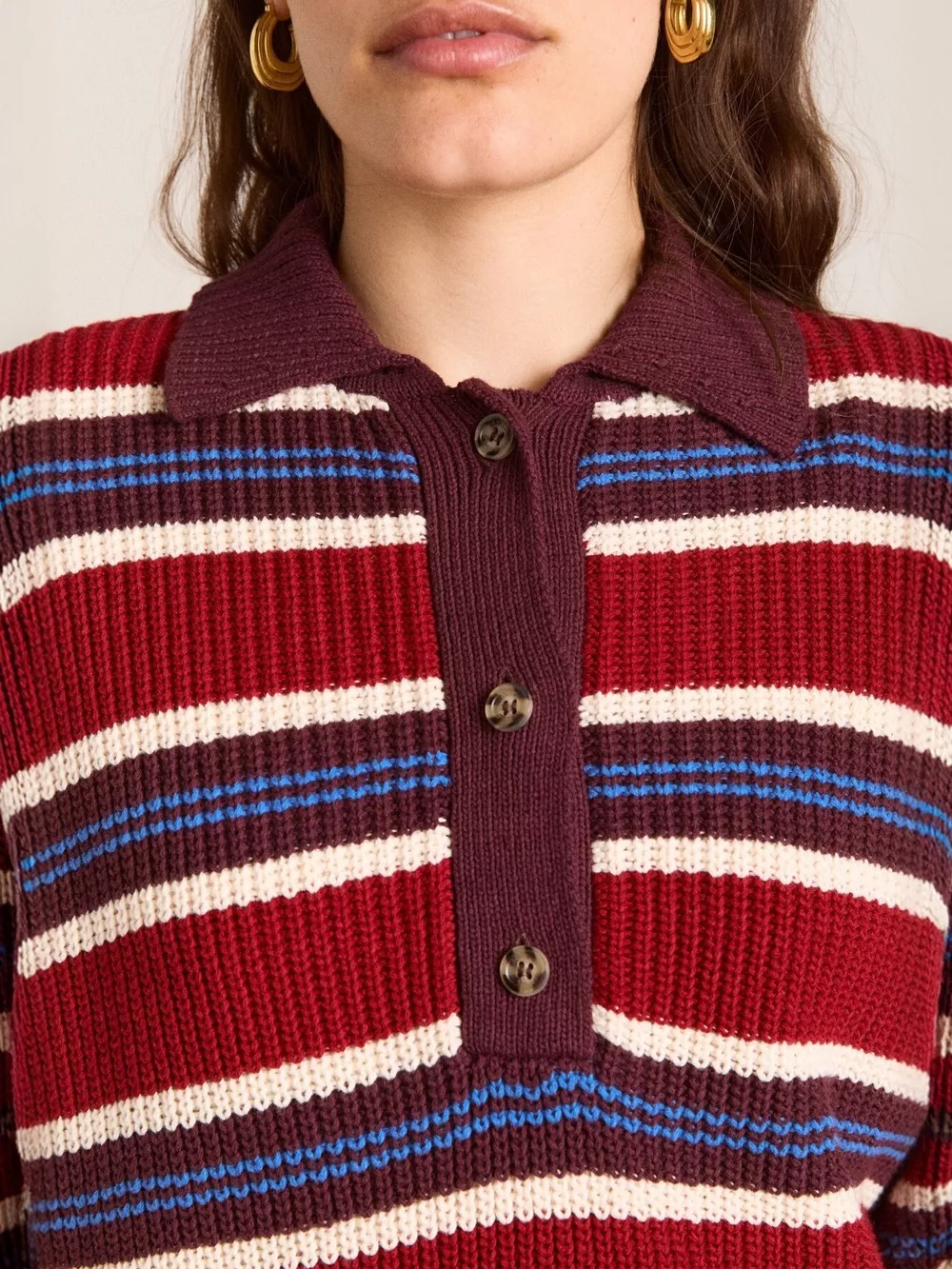 Striped Button Detail Polo Collar Sweater, image 3