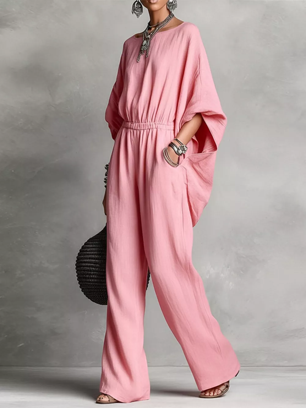 Full Size Boat Neck Batwing Sleeve Wide-Leg Jumpsuit Plus Size, image 4