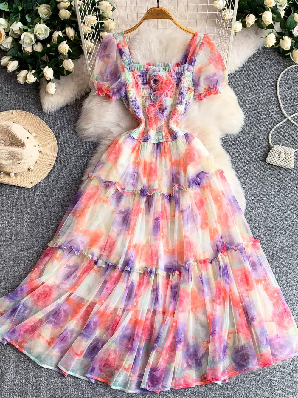 Smocked Floral Tiered Mesh Midi Dress, image 14