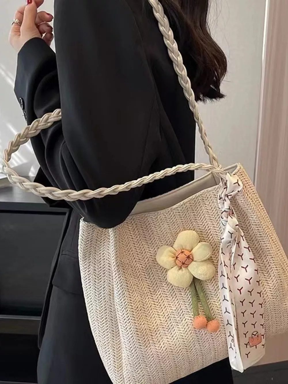 Floral Decor Woven Straw Tote Bag, image 6