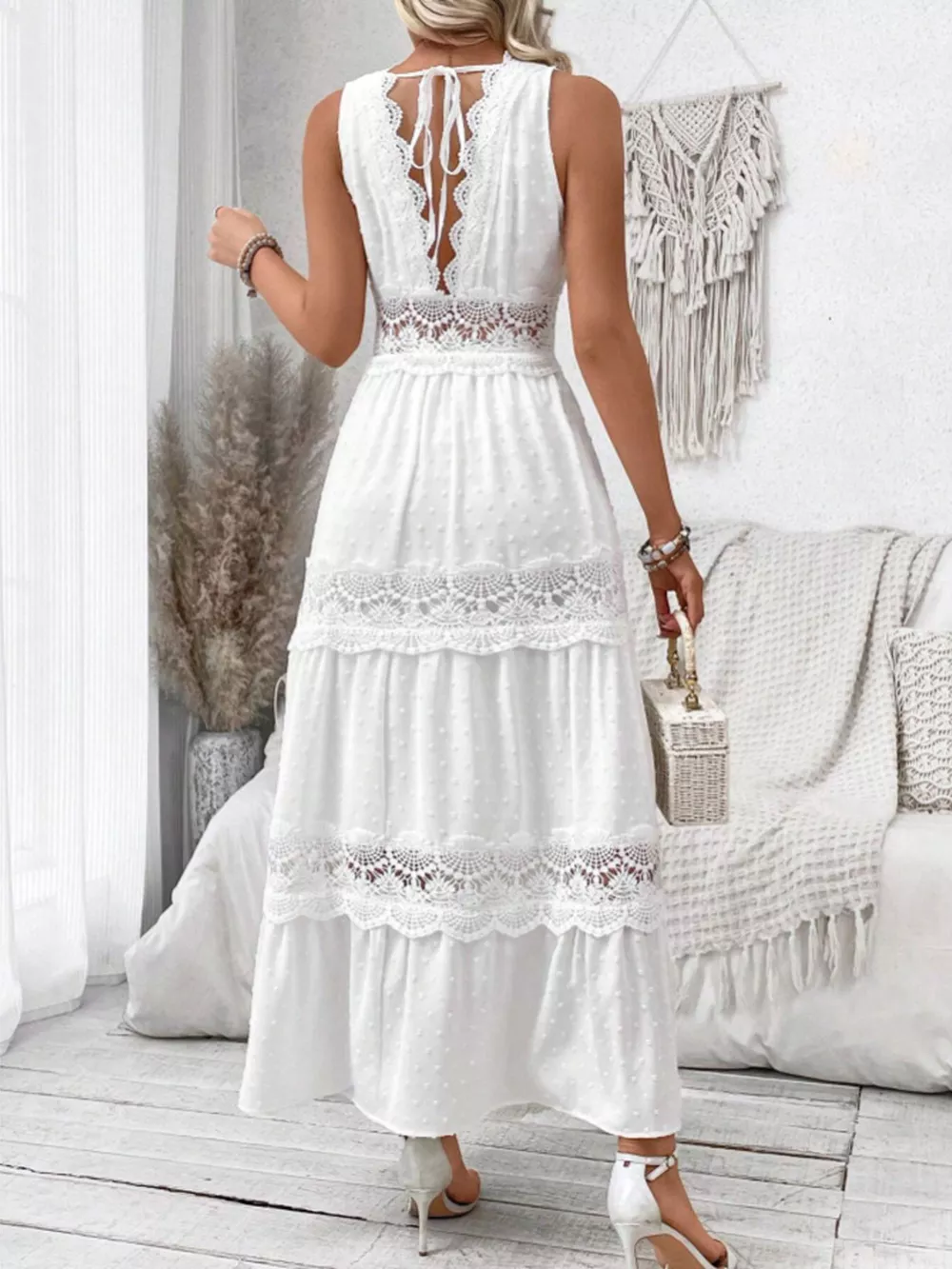 Full Size Lace Detail Tie Back Sleeveless Tiered Dress Plus Size, image 5