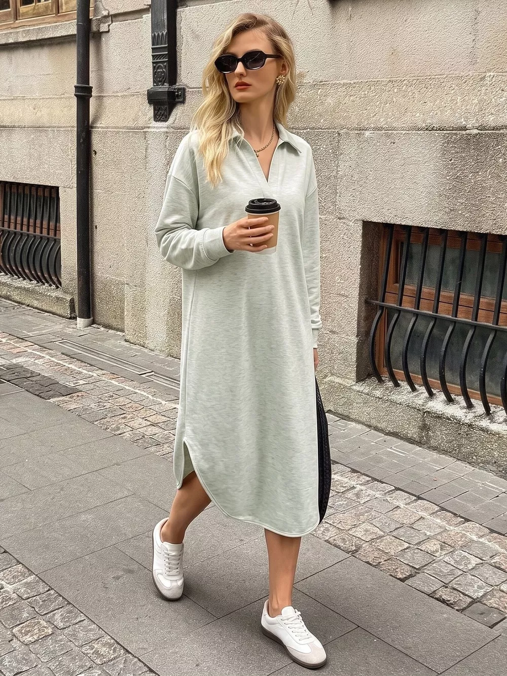 Polo Collar Long Sleeve Midi Dress, image 4