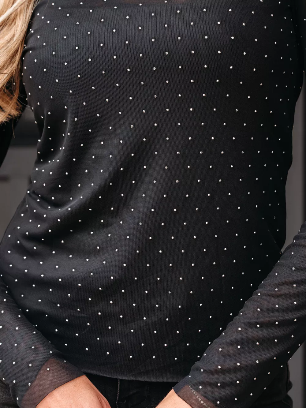 Rhinestone Embellished Mesh Long Sleeve Top, image 9