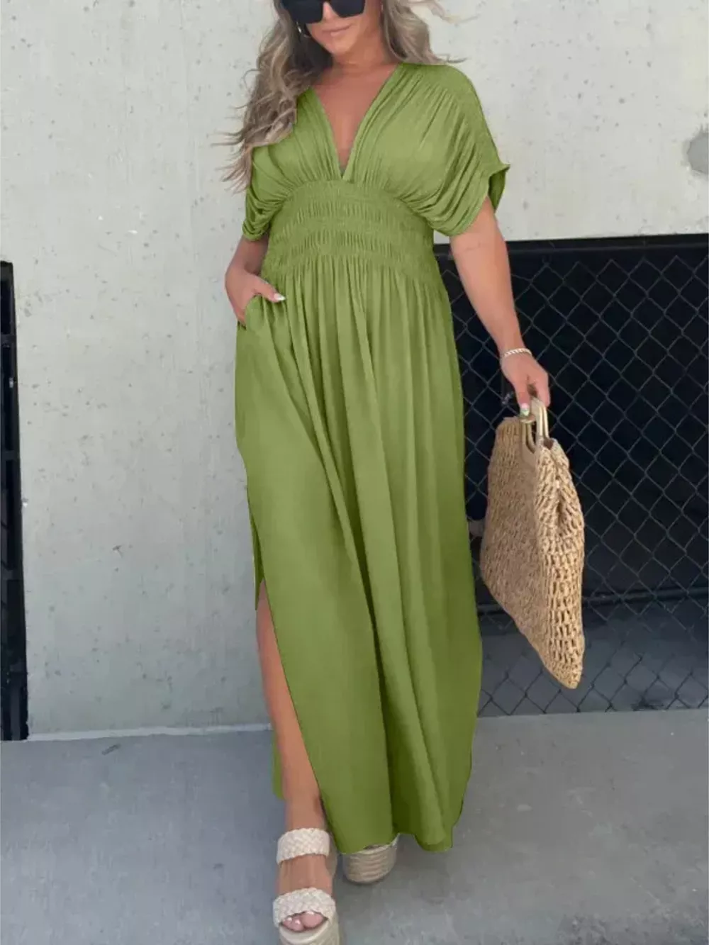 Full Size Slit V-Neck Smocked Waist Maxi Dress Plus Size, image 18