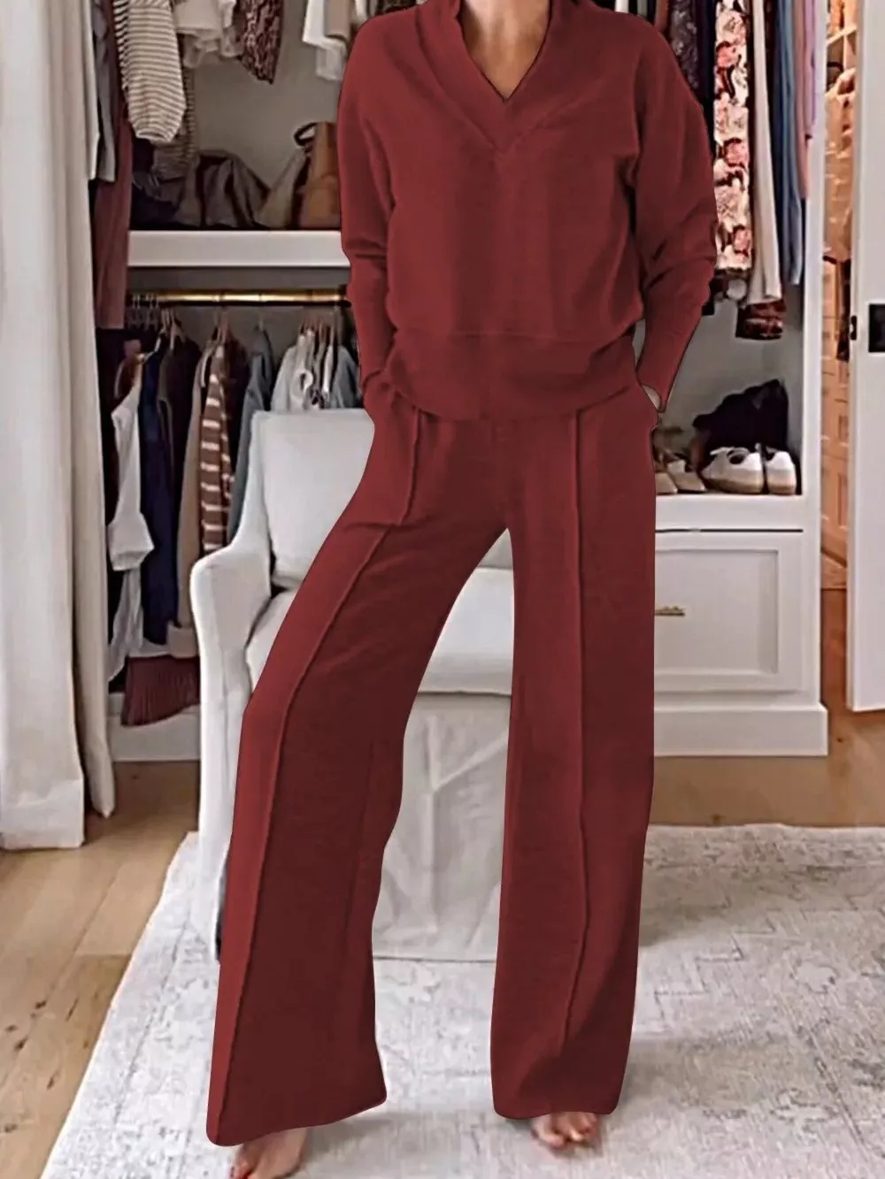 Full Size Cozy V-Neck Top and Pants Set Plus Size, image 19