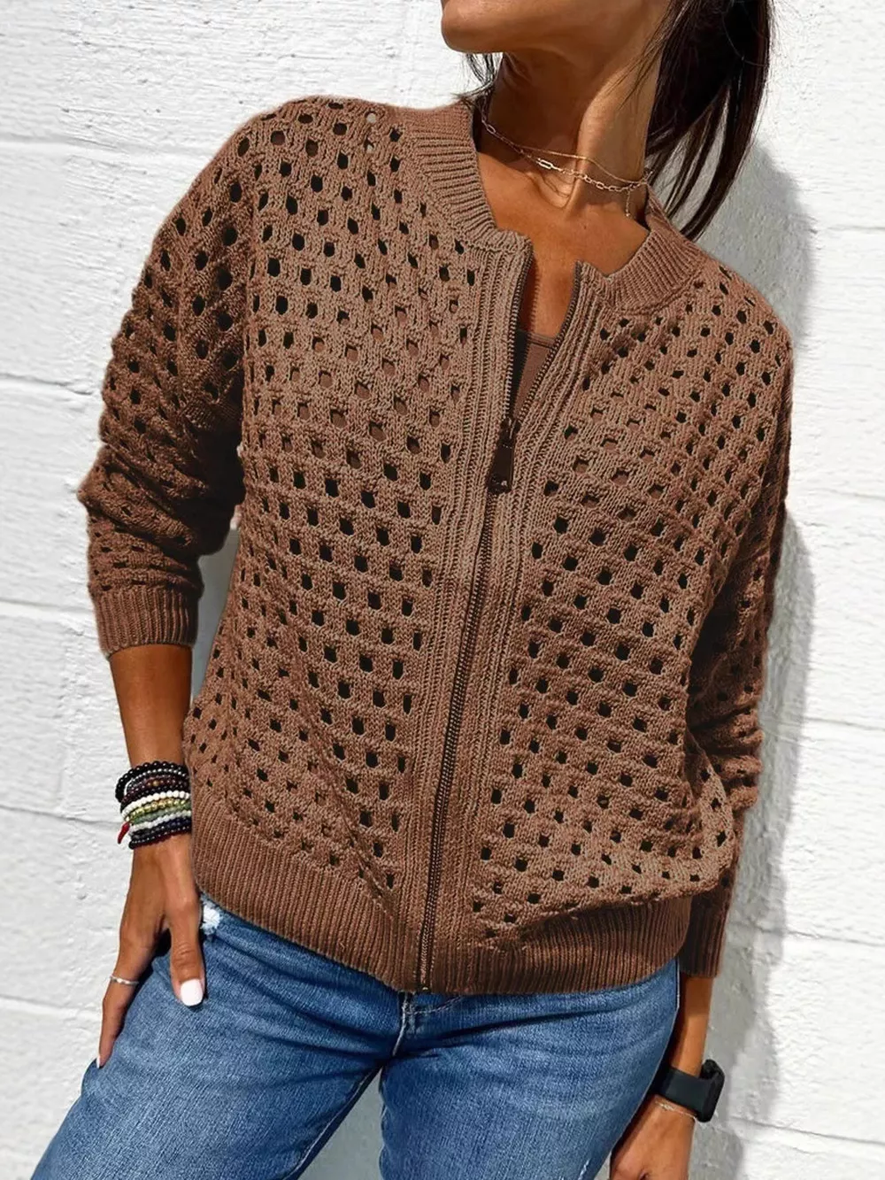 Full Size Zip Up Long Sleeve Cardigan with Eyelet Detail Plus Size, image 19