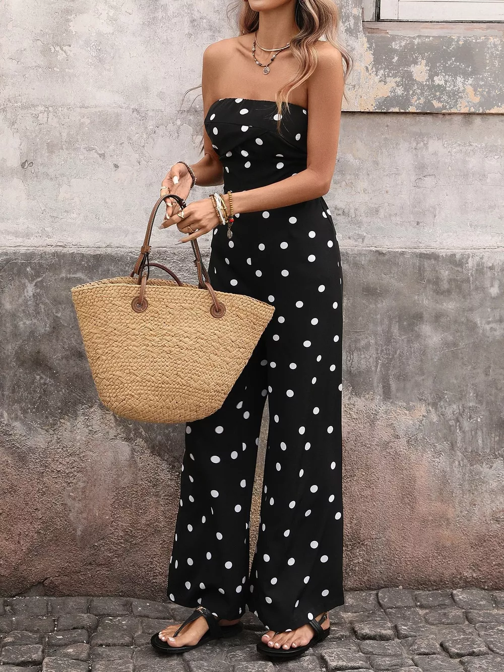 Polka Dot Strapless Wide Leg Jumpsuit, image 7
