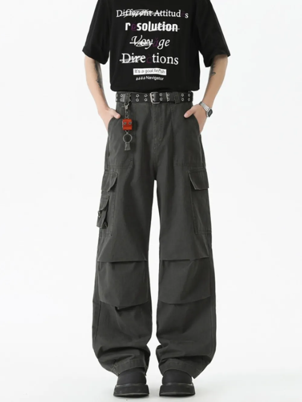 Men's Wide Leg Cargo Pants with Ruched Detail, image 2