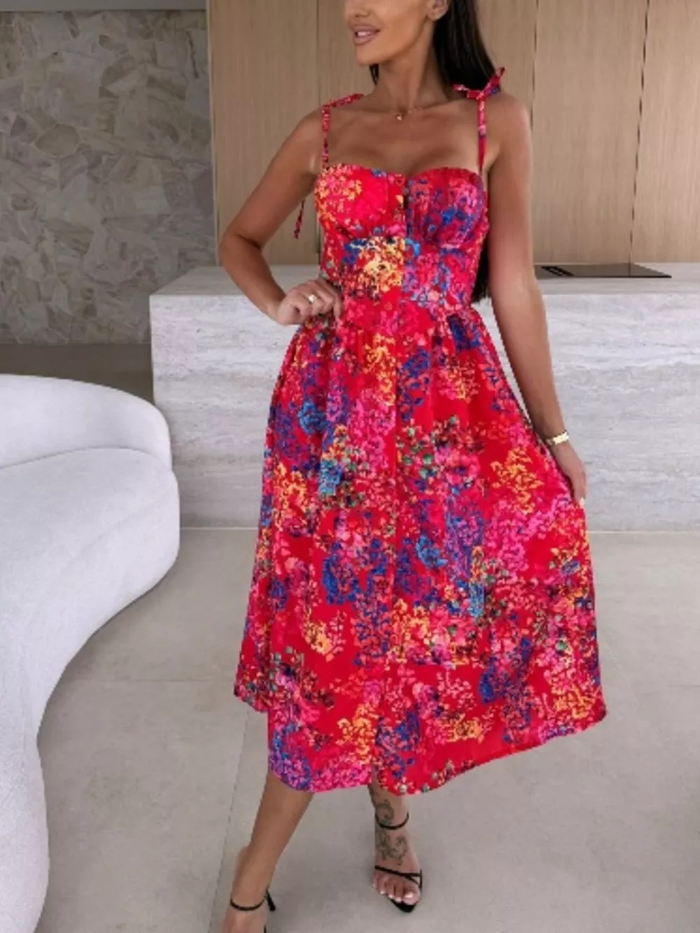 Printed Tie-Strap Midi Dress, image 7