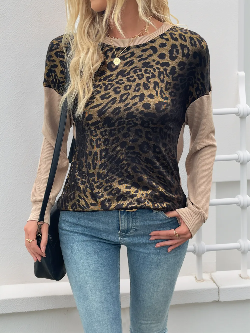 Leopard Round Neck Long Sleeve Sweatshirt, image 5